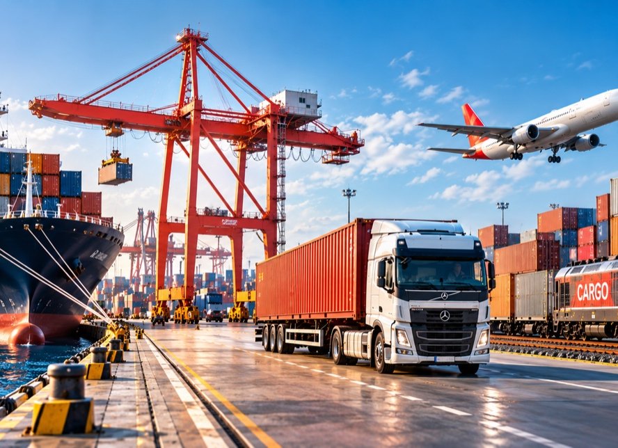 Multimodal freight transportation combining container shipping, railway logistics and road freight