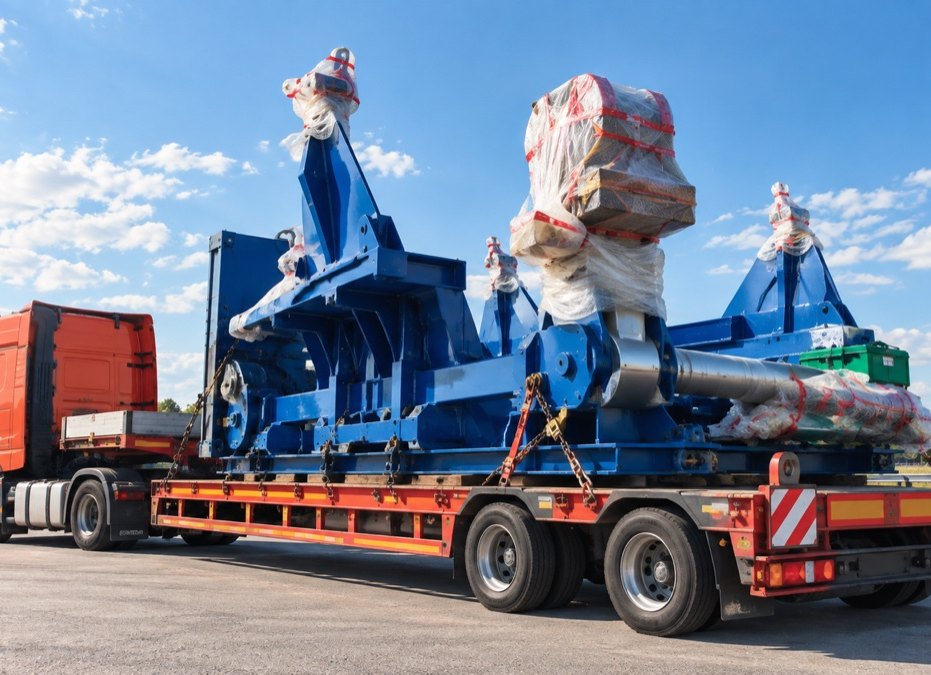 Oversized industrial machinery transported on a low-bed trailer
